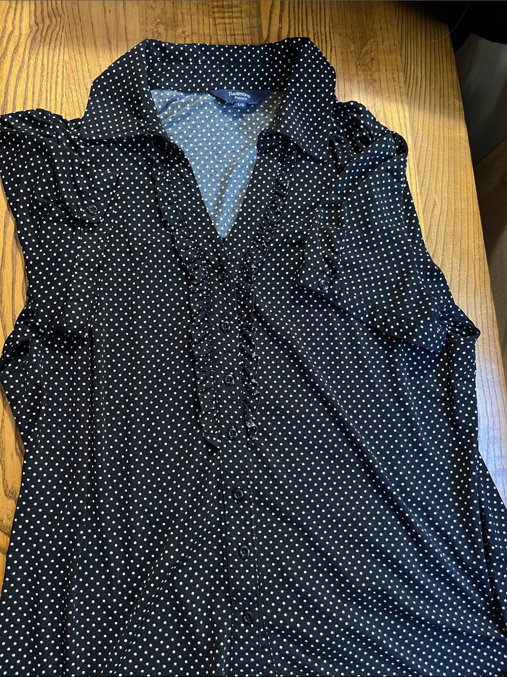 Reitmans Black and White Polka Dot Ruffle Button-Down Top